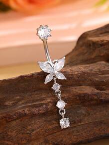 1pc Stainless Steel Butterfly 3-Ring Belly Button Piercing With 5mm Zirconia Stone, Sexy Women's Belly Button Jewelry