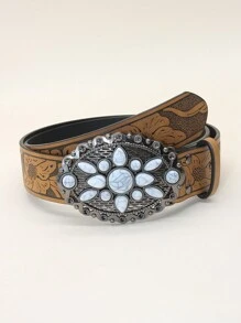 1 件女士白色宝石装饰风牛头印花时尚 PU 皮革宽腰带，适合牛仔裤和连衣裙夏季、学校秋季、秋季、万圣节 - 白色 - 查看 7