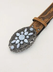 1 件女士白色宝石装饰风牛头印花时尚 PU 皮革宽腰带，适合牛仔裤和连衣裙夏季、学校秋季、秋季、万圣节 - 白色 - 查看 9