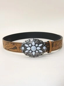 1 件女士白色宝石装饰风牛头印花时尚 PU 皮革宽腰带，适合牛仔裤和连衣裙夏季、学校秋季、秋季、万圣节 - 白色 - 查看 8