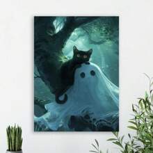 1 Pc Wooden Framed Black Cat Lying On The Ghost's Head Canvas Painting(1)Thickness 2.25cm/ 0.9inch, High Quality Wall Art Prints Poster, Direct Hanging Wall Picture, Decor For Home Gifts, Living Room, Bathroom, Bedroom, Kitchen