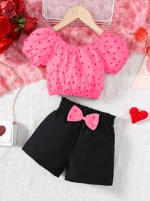 2pcs/Set Young Girl Fashionable Off Shoulder Floral Print Tee And Black Bow Shorts Set, Holiday Outfit
