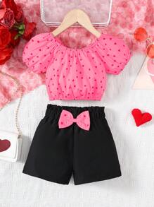 2pcs/Set Young Girl Fashionable Off Shoulder Floral Print Tee And Black Bow Shorts Set, Holiday Outfit