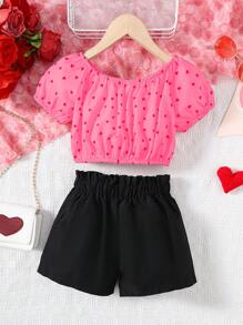 2pcs/Set Young Girl Fashionable Off Shoulder Floral Print Tee And Black Bow Shorts Set, Holiday Outfit