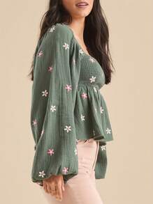 Women Floral Embroidered Blouses Long Balloon Sleeve Smocked Square Neck Vintage Casual Fall Tops - Màu xanh lá cây đậm - Xem 3