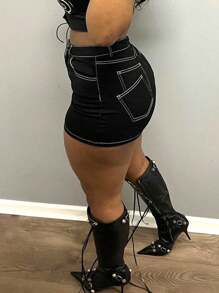 Women Plus Size High Waist Black Denim Mini Skirt For Women - Butt Lifting Bodycon Y2K Streetwear Jean Skirt With Contrast Stitching - màu đen - Xem 5