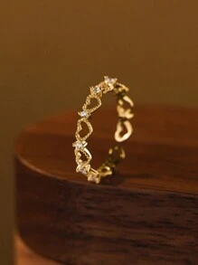 Stylever 1 件 S925 纯银时尚个性化镂空心形铜镶嵌开口戒指适合日常佩戴