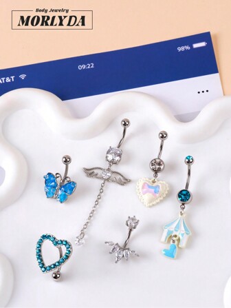 Morlyda 1 件 Fairycore 蝴蝶肚脐环 童话屋 蝴蝶结 水钻装饰 肚脐环 心形肚脐环 肚脐首饰 耳钉 肚脐穿孔 花朵肚脐环 肚脐穿孔条