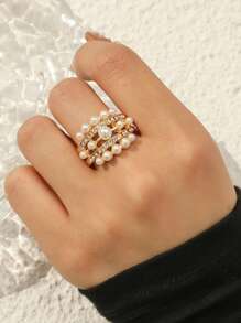 1pc Elegant Faux Pearl & Rhinestone Luxury Ring, Suitable For Women's Daily Wear - White - View 1