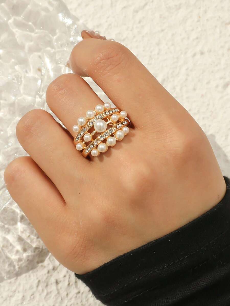 1pc Elegant Faux Pearl & Rhinestone Luxury Ring, Suitable For Women's Daily Wear - White - View 1