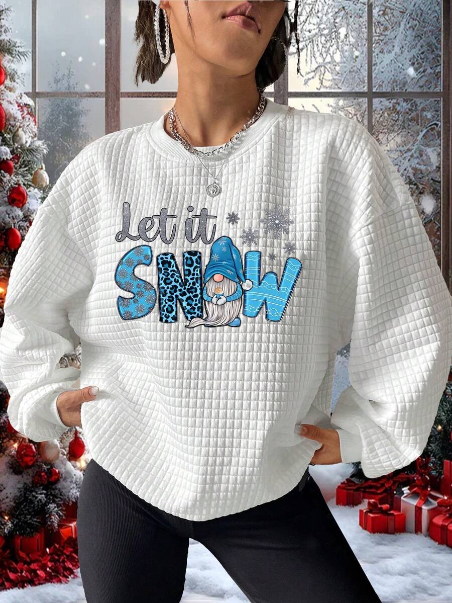 Let It Snow 印花休闲运动华夫格卫衣 秋冬 - 白色 - 查看 1