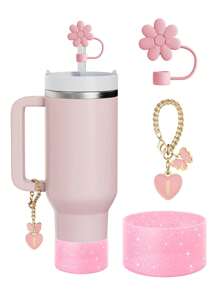 Set de 3 piezas: 1 pieza Tapa de pajita de silicona hexagonal, 1 pieza Marcador de taza con forma de letra/corazón/mariposa, y 1 pieza Funda de taza con purpurina, adecuado para tazas de 30-40 onzas, diámetro de pajita de 9-10 mm, tazas de vidrio con asa, decoración de mariposa rosa linda, regalo para el Día de la Madre