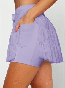 European And American Women's High Waist Tie Pleated Pocket Solid Color Mini Skirt, Spring/Summer