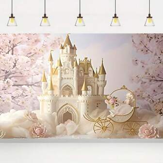 皇家公主城堡生日背景：优雅的城堡和马车摄影道具，适合公主主题派对 - 适合春夏活动
