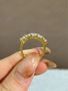 1枚闪亮立方氧化锆订婚戒指结婚戒指，女士S925纯银承诺戒指永恒戒指情人节精美女士珠宝礼物 - 金色 - 查看 8