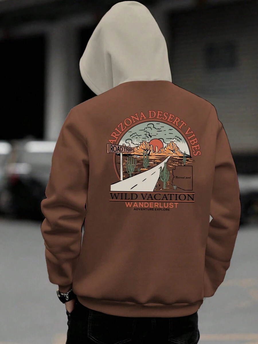 Men's Autumn/Winter Color Block Hoodie Sweatshirt, Casual Daily Drawstring Hooded Sportswear, Khaki Arizona Gobi Desert, Front Pocket, Men Top