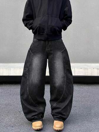 Jeans de mezclilla con lavado de piedra y ajuste relajado, estilo americano, grunge para hombres