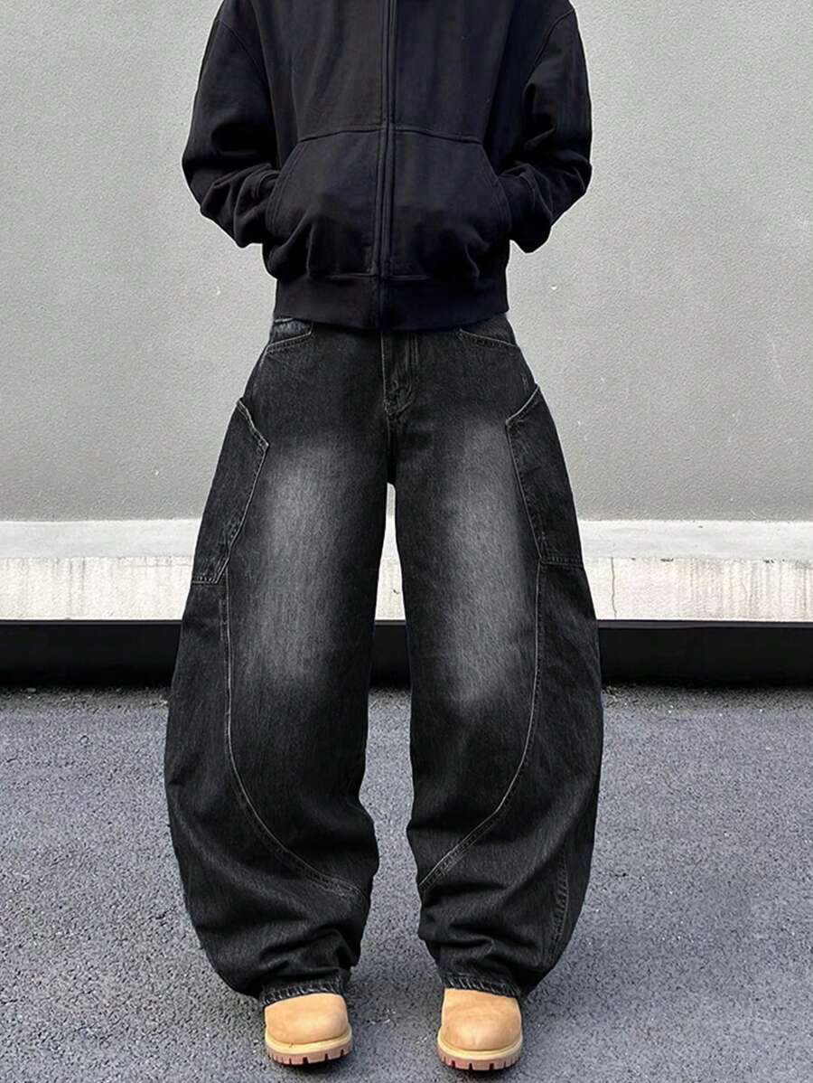 Men GlobeSwift Relaxed Fit Stonewash Denim Jeans, American Style, Grunge - Black - View 1