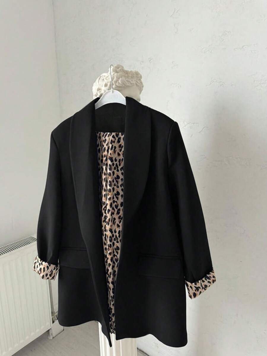 Damen lässige, leichte Leoparden-Muster Kontrast-Farbe Loose Fit Blazer mit langen Ärmeln, geeignet für den täglichen Arbeitsweg