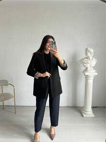 Damen lässige, leichte Leoparden-Muster Kontrast-Farbe Loose Fit Blazer mit langen Ärmeln, geeignet für den täglichen Arbeitsweg