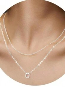 Stainless Steel Double Choker Necklace With English Letters Pendant 18k Gold Plated - 銀色 - 查看 3