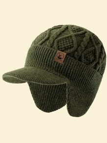 JZML 1pc Men's Deer Embellished Thermal Lined Knit Beanie Hat With Brim