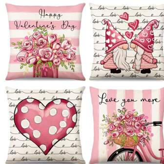 Set de 4 fundas de almohada del Día de San Valentín, con estampado de flores rosas y diseño de amor para el sofá, decoración de aniversario de boda, sin incluir el relleno de la almohada
