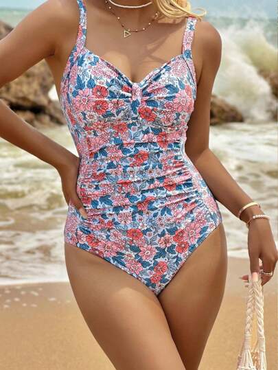 Women's Floral Print Ruffle Decorated Slim Fit Backless One-Piece Swimsuit With Tummy Control Summer