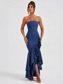 Sexy Asymmetric Hem Fitted Party Dress, Wedding Guest Cocktail Dress - Royal Blue - View 5
