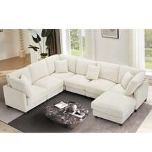 1PC, Modular Combination Sofa, L-Shaped Sofa For 7 Seats, Sectional Sofa Couches, Free Combination, Removable Modules With Wooden Legs And Upholstery, U-Shaped Sofa For Living Room And Office, Large Space, Living Room Furniture, Home Decor, Beige - 米色 - 查看 4