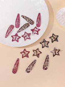 16pcs Leopard Pattern Teardrop & Star Hair Clips, Sweet & Cute Y2K Bangs Barrettes For Daily Wear And Commute Claw Clips
