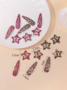 16pcs Leopard Pattern Teardrop & Star Hair Clips, Sweet & Cute Y2K Bangs Barrettes For Daily Wear And Commute Claw Clips