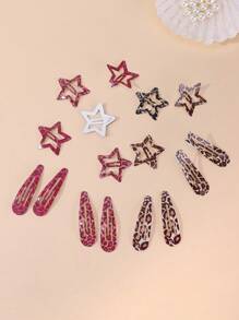 16pcs Leopard Pattern Teardrop & Star Hair Clips, Sweet & Cute Y2K Bangs Barrettes For Daily Wear And Commute Claw Clips
