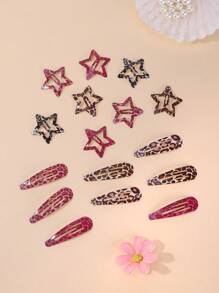 16pcs Leopard Pattern Teardrop & Star Hair Clips, Sweet & Cute Y2K Bangs Barrettes For Daily Wear And Commute Claw Clips
