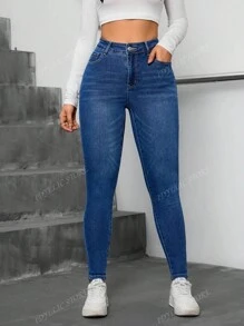 Jeans Ajustados Casuales para Mujer - Denim Elástico, Lavables a Máquina, Color Sólido, Perfectos para Primavera/Otoño