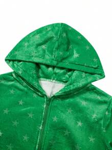 Women Christmas Home Jumpsuit, Star/Stripe Hooded Long Sleeves Zip-Up Fleece Pajamas For Night Sleep, S/M/L/XL