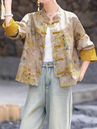 Chinesischer Stil Damen Stehkragen Langarm bedrucktes Gewebe Tang-Stil Hemdkleid, Knopfleiste vorne, normale Länge.