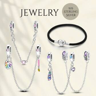 A 925 Sterling Silver Women's Bracelet, Black Hand Rope, Heart-Shaped Beads, Openable And Closable Beads, DIY Women's Bracelet Chain, Pink Heart Charm, Color Drawing Board Charm, Suitable For Women's Exquisite Jewelry Gifts Valentines