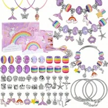 55入組彩色獨角獸主題手工鐲子&手工珠寶製作套件,附贈禮盒