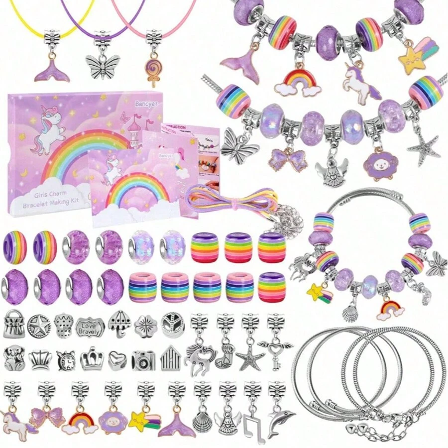 55入組彩色獨角獸主題手工鐲子&手工珠寶製作套件,附贈禮盒