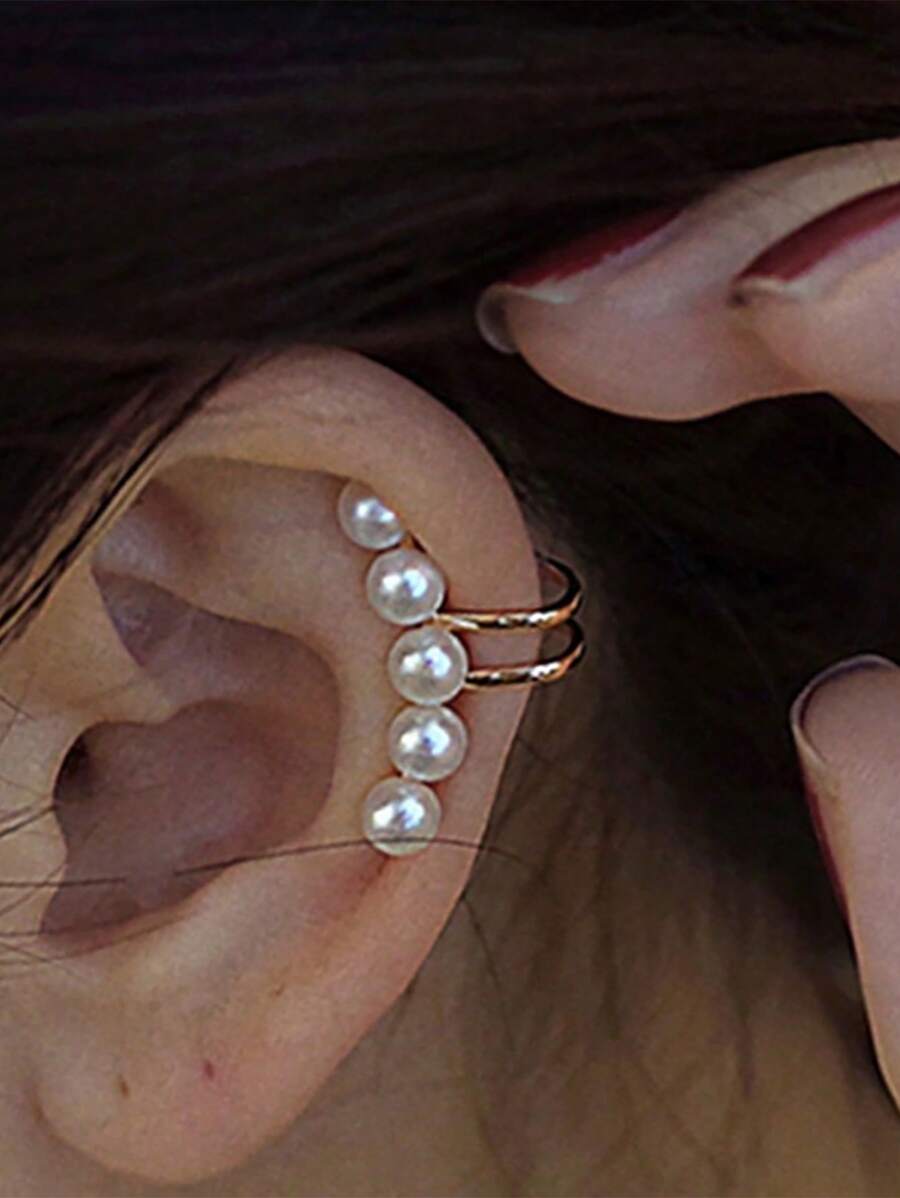 1 pieza Clip para hueso de la oreja asimétrico con perla falsa, suave y lindo para uso diario de damas estudiantes sin perforación de orejas - geometría - Ver 1