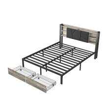 Rosahqnda Upholstered Bed, Double Bed Platform Bed Frame With Headboard, Storage Box With 2 Drawers, Queen Size Metal Bed Frame, Metal Frame, Without Mattress - Xám - Xem 8