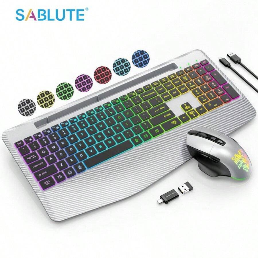 Led wireless keyboard and mouse backlits wrist rest jiggler mouse