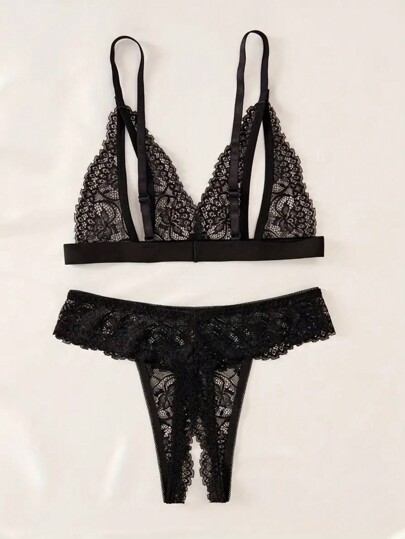 Bloemen Kanten Lingerie Set, Open Cup BH Crotch Thong, Verleidelijke Underwear Sleepwear Baddie Look view 2