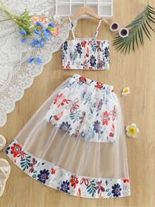 2pcs Girls Summer Elegant Floral Print Tank Top & Mid-Calf Skirt Set