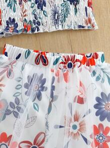 2pcs Girls Summer Elegant Floral Print Tank Top & Mid-Calf Skirt Set