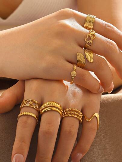 9 件装 18K 镀金厚实不锈钢巴洛克风格戒指女士礼物