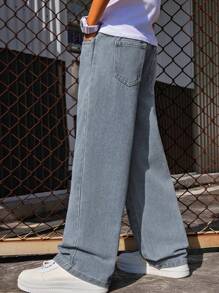 Tween Boy Casual Loose Wide-Leg Denim Jeans, For Spring, Summer, Autumn, Winter - Blue - View 2