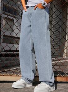 Tween Boy Casual Loose Wide-Leg Denim Jeans, For Spring, Summer, Autumn, Winter - Blue - View 1