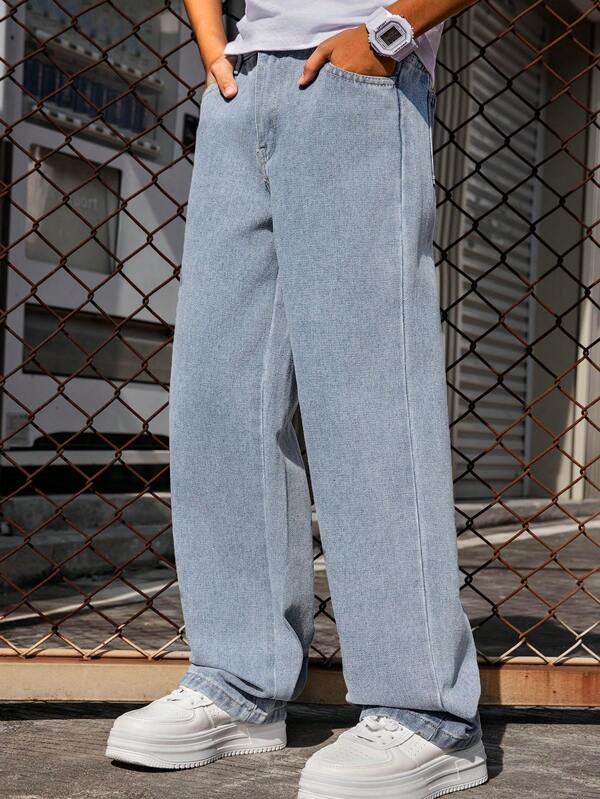 Jeans jeans casual solto de perna larga para meninos pré-adolescentes, para primavera, verão, outono, inverno